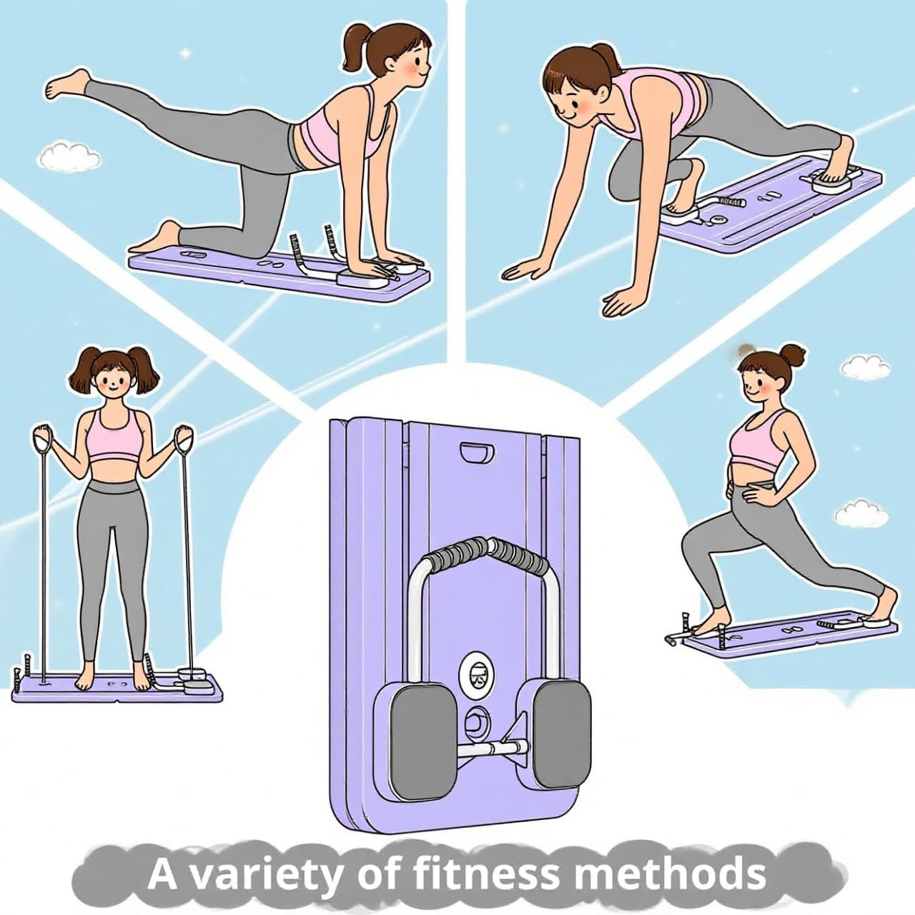 Foldable Pilates Reformer Board Set - 5 In1 Portable Pilates Machine with Auto-Rebound, Resistance Bands, Knee Pad, Timer & Phone Holder, Multifunctional Core & Abs Full-Body Trainer
