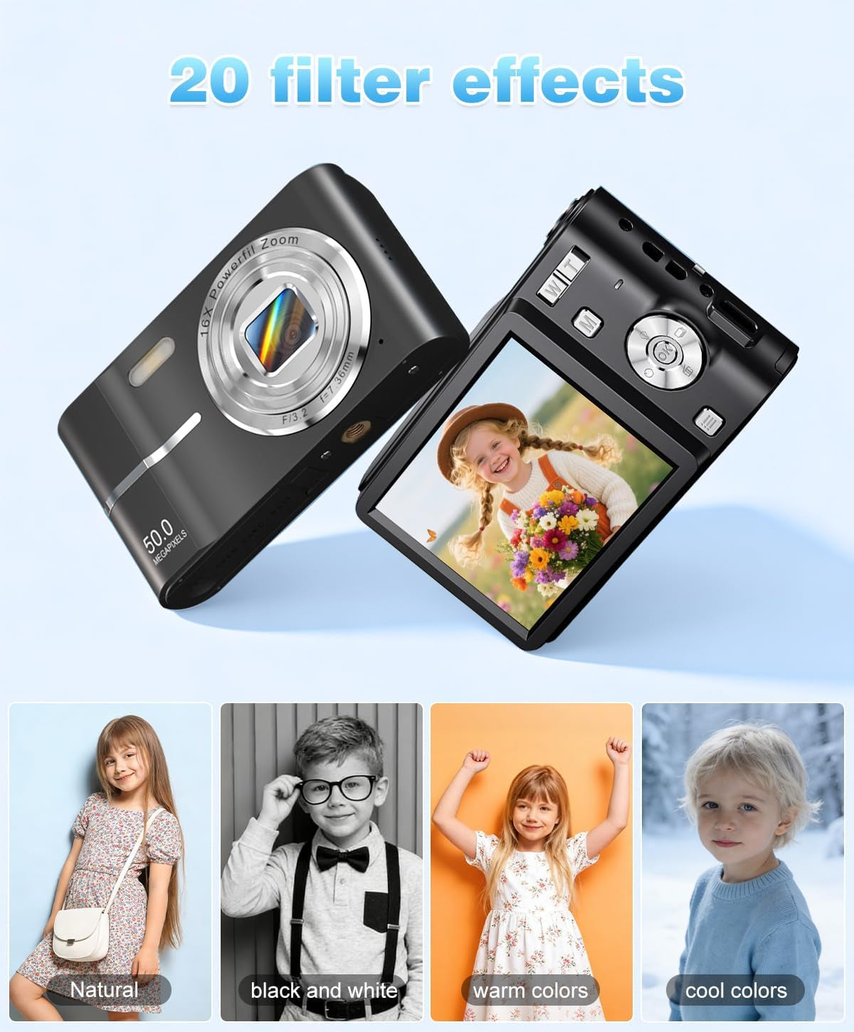 Digital Camera, 1080P FHD Vlogging Camera 50MP Compact Portable Photo Camera with 2.4" Screen, 16X Digital Zoom Mini Small Pocket Camera for Kids Students with 1 Battery, 16GB Card (Black)