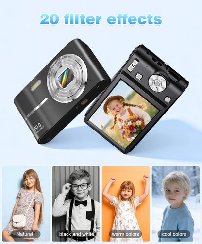 Digital Camera, 1080P FHD Vlogging Camera 50MP Compact Portable Photo Camera with 2.4" Screen, 16X Digital Zoom Mini Small Pocket Camera for Kids Students with 1 Battery, 16GB Card (Black)