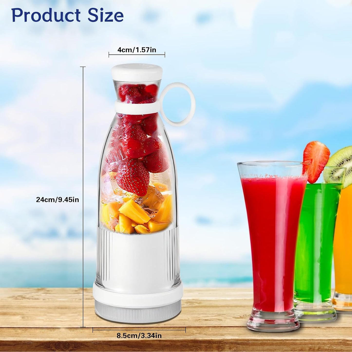 Portable Blender, 350Ml Electric Mini Juice Maker, Personal Fruit Mixer with USB, Powerful Mini Blender for Fruits, Shakes, Smoothie, Perfect for Home, Office, School, Outdoors，White