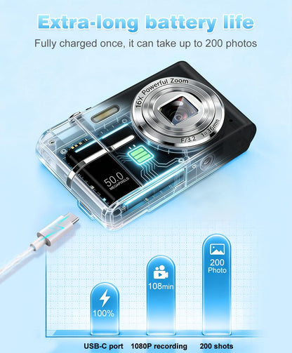 Digital Camera, 1080P FHD Vlogging Camera 50MP Compact Portable Photo Camera with 2.4" Screen, 16X Digital Zoom Mini Small Pocket Camera for Kids Students with 1 Battery, 16GB Card (Black)
