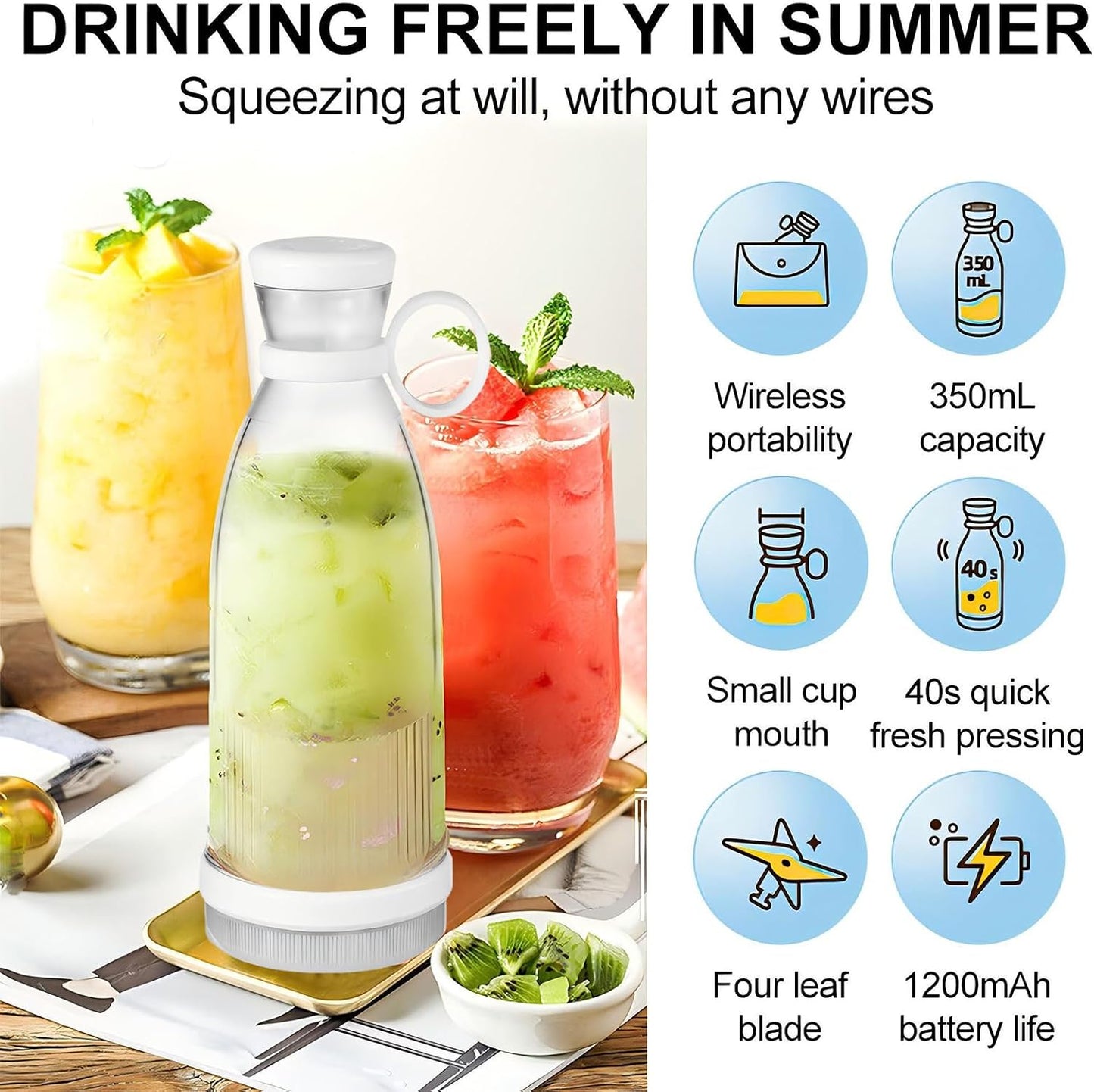 Portable Blender, 350Ml Electric Mini Juice Maker, Personal Fruit Mixer with USB, Powerful Mini Blender for Fruits, Shakes, Smoothie, Perfect for Home, Office, School, Outdoors，White