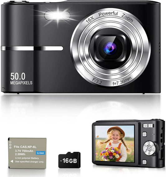 Digital Camera, 1080P FHD Vlogging Camera 50MP Compact Portable Photo Camera with 2.4" Screen, 16X Digital Zoom Mini Small Pocket Camera for Kids Students with 1 Battery, 16GB Card (Black)