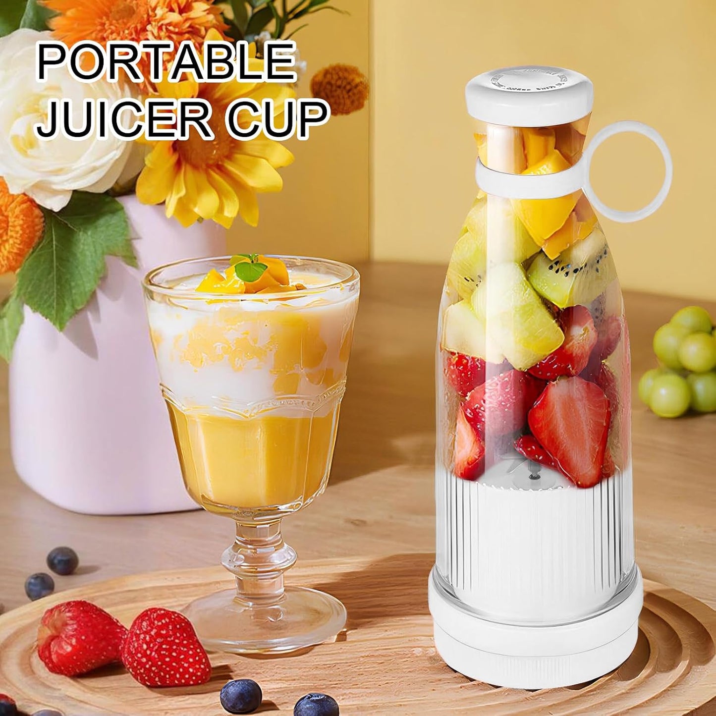 Portable Blender, 350Ml Electric Mini Juice Maker, Personal Fruit Mixer with USB, Powerful Mini Blender for Fruits, Shakes, Smoothie, Perfect for Home, Office, School, Outdoors，White