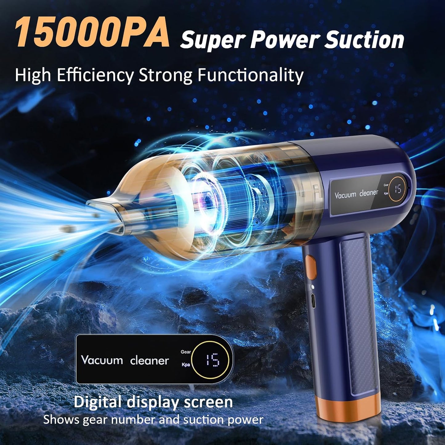 Car Vacuum Cleaner, Handheld Vacuum Cleaner 15000Pa Powerful Cordless Car Hoover with LED Display & 7 Nozzles, Rechargeable Mini Hoover for Pet Hair Home Office Kitchen Carpet