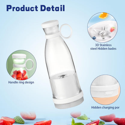 Portable Blender, 350Ml Electric Mini Juice Maker, Personal Fruit Mixer with USB, Powerful Mini Blender for Fruits, Shakes, Smoothie, Perfect for Home, Office, School, Outdoors，White